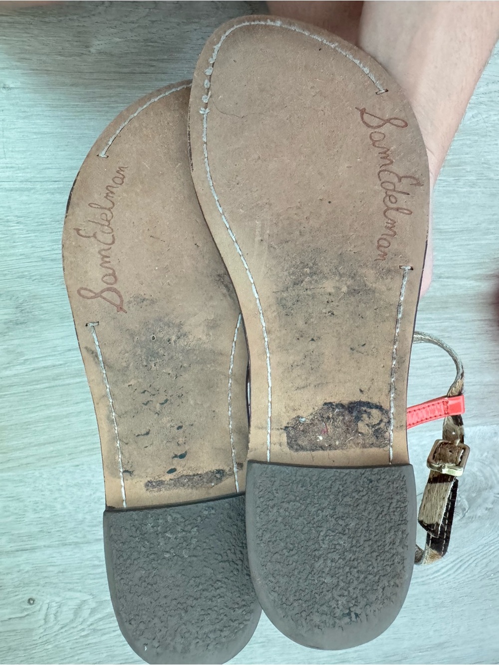 Sam Edelman Brown Croc-Embossed Sandals with Snake-Print Straps and Red Accent - Picture 4 of 4